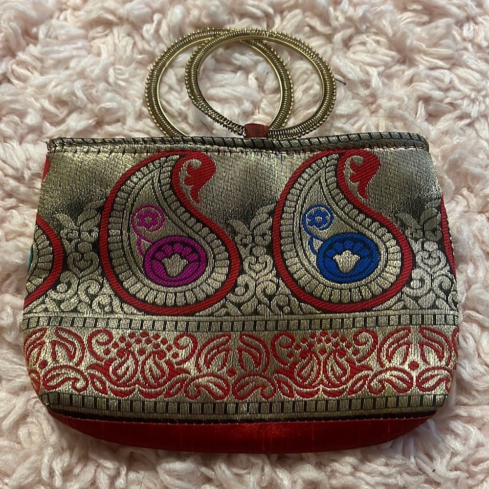 Red/gold small clutch with hoop handles